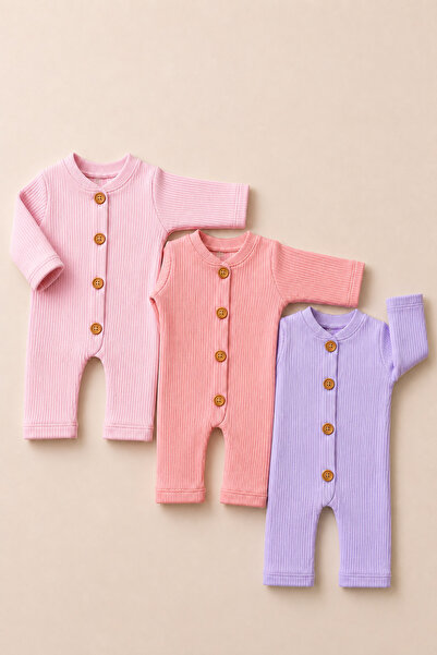 Mai Perla Organic Cotton Baby Girl Ribbed Buttoned 3-Piece Jumpsuit Set 0-9 M...