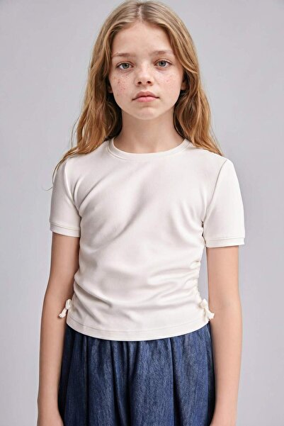 DeFacto Crew Neck Combed Cotton Short Sleeve Ecru T-Shirt Girls H7244A826Hs