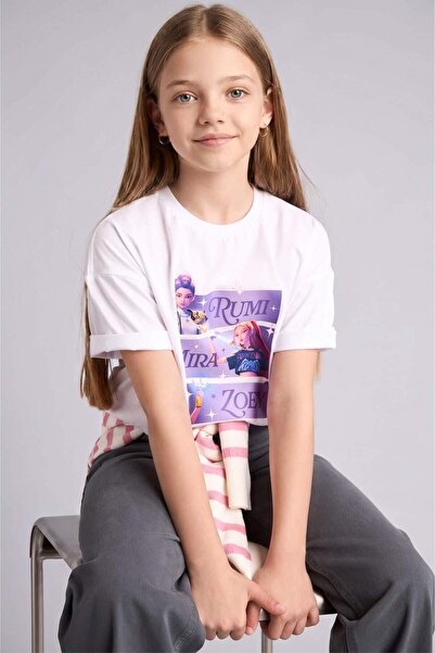 DeFacto 100% bumbac Kpop - Tricou alb cu mânecă scurtă, cu gât turnat, cu lic...