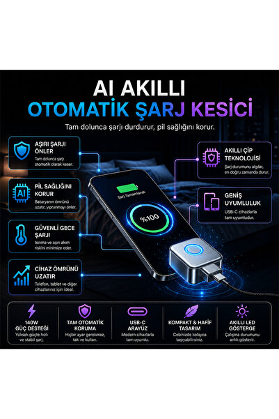 Ally HyperCharge 140W AI Akıllı Şarj Kesici Adaptör – Şarj Dolunca Otomatik Kapanan Batarya Koruyucu