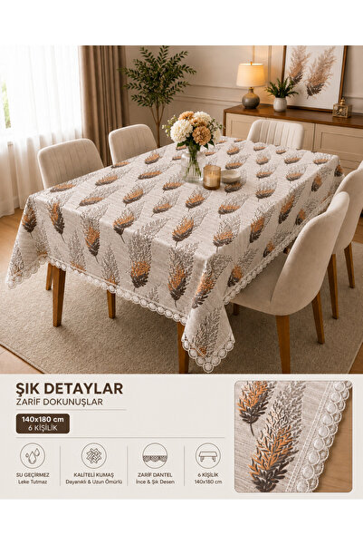 Ayşenur Çeyiz 140x160 cm 6 Kişilik Su Geçirmez Dantelli Masa Örtüsü | Leke Tu...
