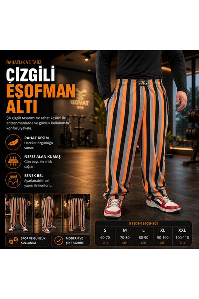 Goat Giyim Sonte Colorful Striped Jogger Pants with Pockets Comfortable Fit Oversize Sports Gym Men's Sweatpants Black Orange Gray