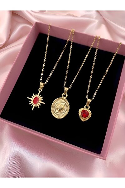 Madam Bikan Gold Color 3-Piece Red North Star Oval Heart Combination Set Neck...