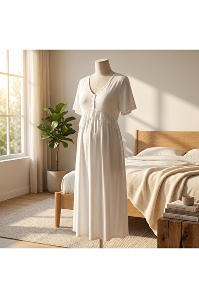 Lady Lingerie Long Nightgown for Pregnancy and Maternity - Short Sleeve with ...