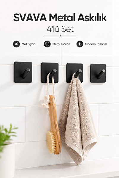 Svava Kare Metal Duvar Askılığı 4’lü Set Mat Siyah Banyo Mutfak Havlu Askısı