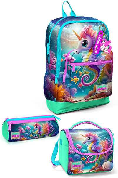 Coral High Kids Mavi Su Yeşili Denizatı Desenli 3 lü Okul Çanta Seti SET0123772
