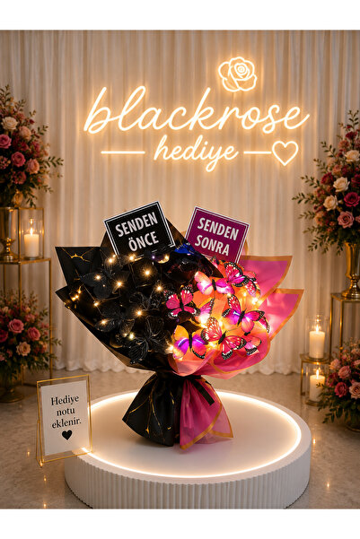 blackrosehediye Uzun Saplı LED Işıklı Siyah Pembe Kelebek Buketi | Senden Önc...