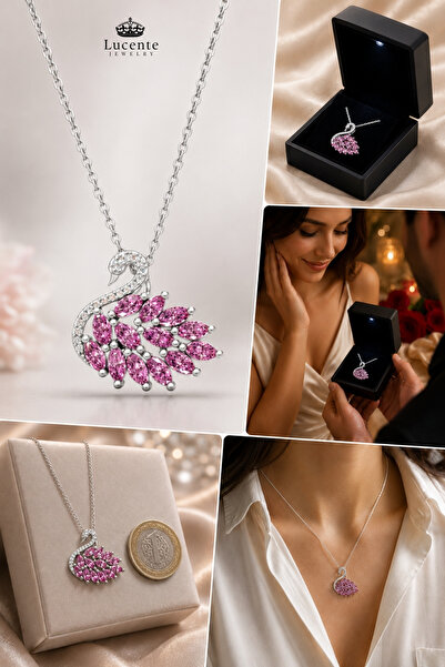 Lucente Jewellery Işıklı Hediye Kutulu Pink Swan Kuğu 925 Ayar Luxury Serisi Özel Gün Hediyesi 45 Cm Zincirli Kararma Karşıtı Rodyum Güçlendirmeli Gümüş Gerçek Pembe Ametist Taşlı Zerafetin Simgesi Kuğulu Kolye
