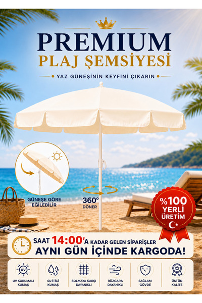 Durul Plaj Şemsiyesi , Güneş ve Balkon Şemsiyesi 180 Cm - 8 Telli Krem Renk K...