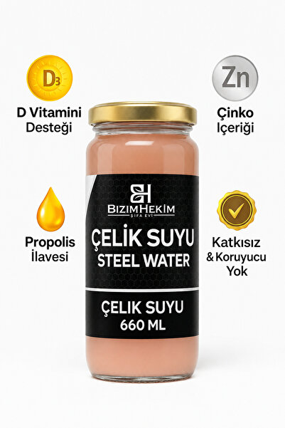 BİZİMHEKİM ŞİFA EVİ Çelik Suyu – Demir Suyu 500 ml Cam Şişe | D3 Vitamini, Çi...