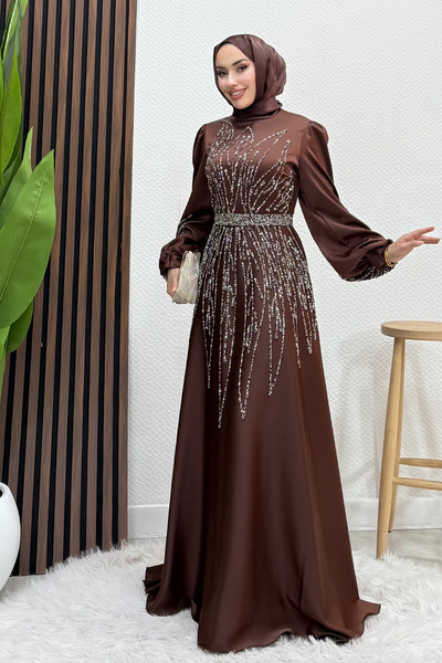 Lamia Giyim İkbal Taşlı Saten Abiye Acı Kahve
