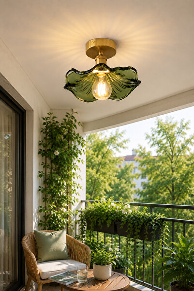 Luna Lighting Alya Model Yeşil Cam Klasik Salon Balkon Mutfak Oturma Odası Plafonyer Tekli Avize
