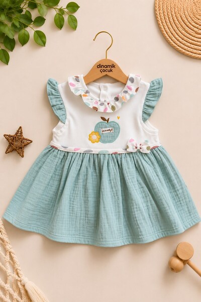 dinamik çocuk 100% Cotton Baby Collar Apple Embroidered Muslin Summer Baby Gi...