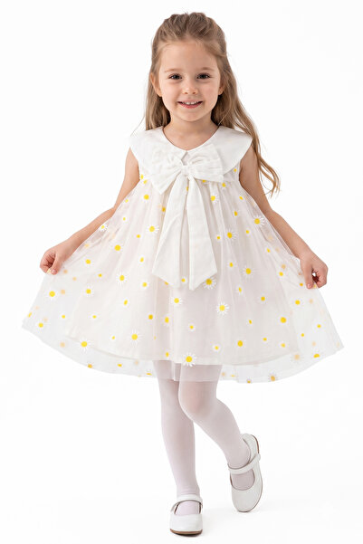bebegen Girl's Ecru Yellow Daisy Printed Tulle Bow Dress