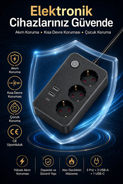 The Wlue 3'lü Akım Korumalı Priz 2500W | 2x USB-A + Type-C PD 20W | 2 Metre Uzatma Kablosu