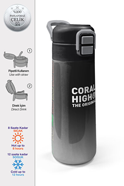 Coral High Kids Siyah Gri Gamer Desenli Pipetli ve Direkt İçim Çelik Termos 5...
