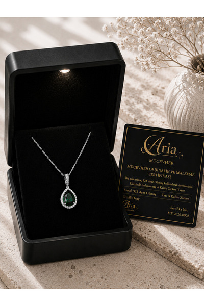 eva'sjewellery diamond Zümrüt Kolye 925 Ayar Gümüş Damla Kesim, 18 Ayar Gerçe...