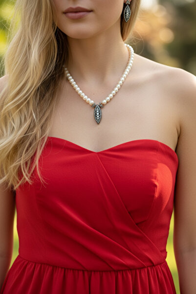 FUYA JEWELLERY Elmas Montür Mekik İnci Kolye, Küpe Set