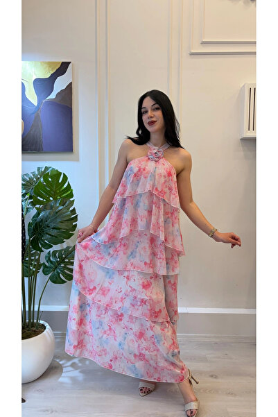 SHIN Butik SHIN Çiçek Desenli Kat Kat Şifon Maxi Elbise