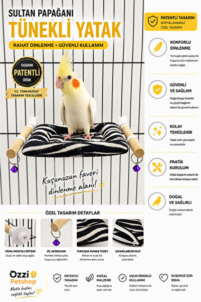 ozzipetshop Sultan Papağanı Ahşap Tünekli Yatak Kuş Dinlenme Alanı Uyku Yatağ...