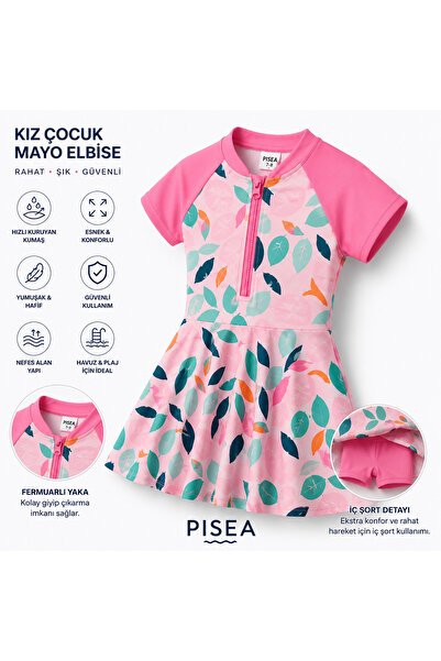 pistyle Kız Çocuk Etekli Şortlu Pembe Mor Renkli Önü Fermuarlı Mayo.