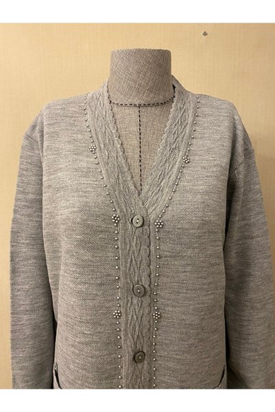 TEK Beaded Knitwear Stylish Patterned Mother's Cardigan with Pearl Detail / Gray