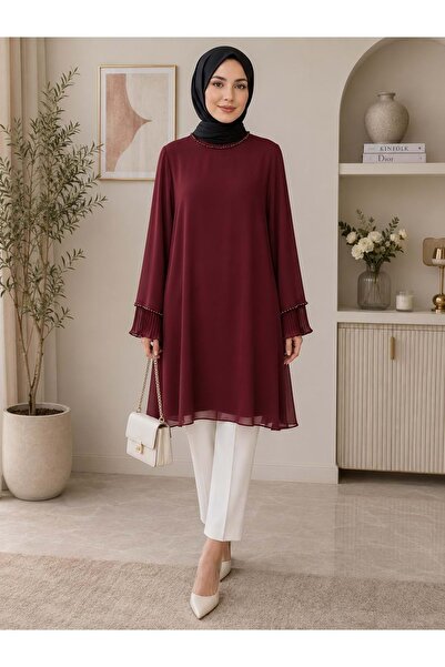 Famelin 26Y50320 TUNİK ABİYE ŞİFON BONCUK DETAYLI BORDO