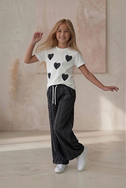 Kalyoncu Butik Gray Heart Embroidered Cotton T-Shirt and Ruffle Detailed Pant...