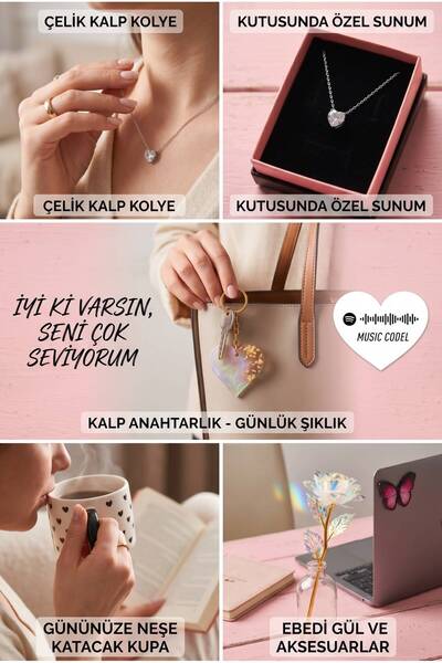 Le Manolia Accessories kararmaz çelik beyaz kalp kolye ,kalp kupa ,sonsuzluk gülü,kalp anahtarlık hediye set sevgiliye