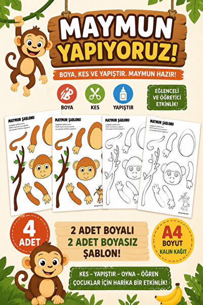 Organik Yolda Monkey Template, 4 Pieces A4 Size, Thick Paper.