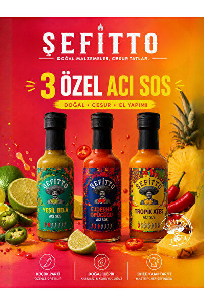 Şefitto 3'lü Gurme Acı Sos Hediye Seti (3 x 100 ml) – Tropik Ateş, Yeşil Bela...