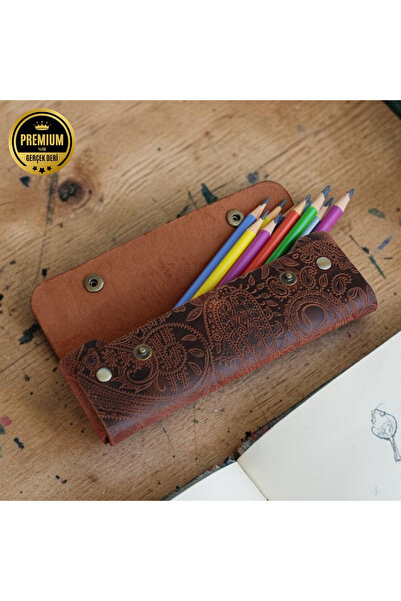 TeriArte Patterned Leather Pen Holder, Genuine Leather Small Pencil Case – Bu...
