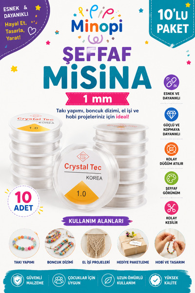 Minopi ( 10 Adet ) 1 Mm Esnek Misina, Lastikli Misina, Şeffaf Renk