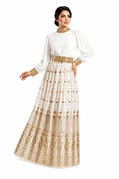 unbranded Women's White & Gold Embroidered Maxi Evening Dress with High Neck,...