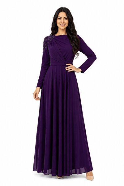 unbranded Women's Purple Chiffon Maxi Evening Dress with Embellished Shoulder...