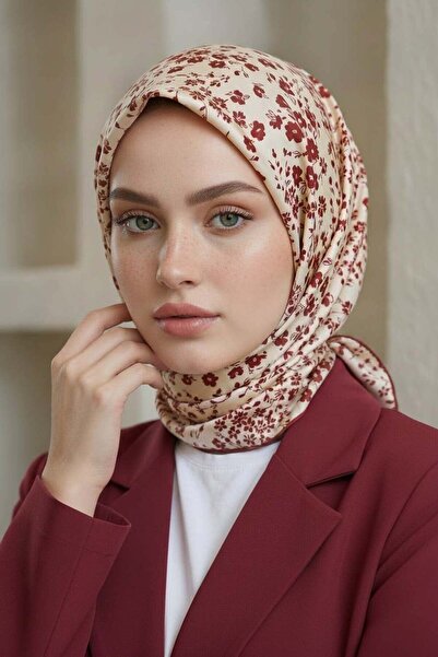 Vissona %100 Twill İpek Çıtır Çiçek Desenli Krem - Bordo Renkli 90x90 Eşarp D...