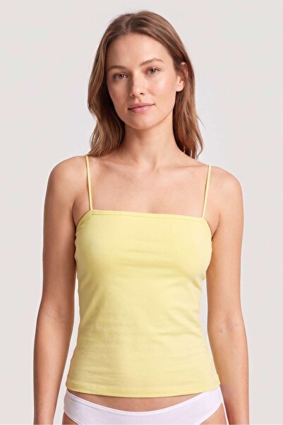 OBJE Women's Lemon Yellow Lycra Cotton Strapless Tank Top with String Straps