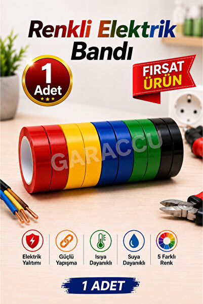 garaccu Renkli Elektrik Bandı İzole Bant Tamir Bandı 1 Adet