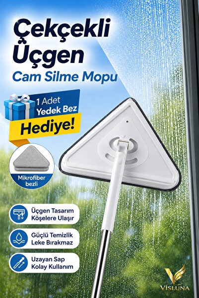( 1 Adet Yedek Bezli ) Üçgen Cam Temizleme Mopu 360° Döner Başlıklı Hafif ve Pratik Cam Fayans Duvar Temizlik Mopu