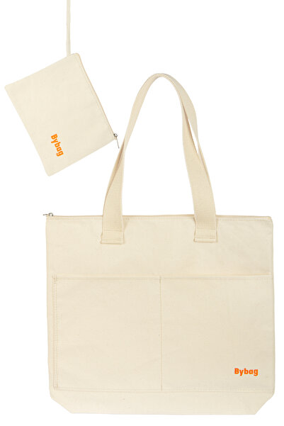 BYBAG Premium Kalın Hambez Tote Bag | Önü 2 Büyük Cepli, Özel Fermuarlı Günlük Plaj Bez Kol Çanta