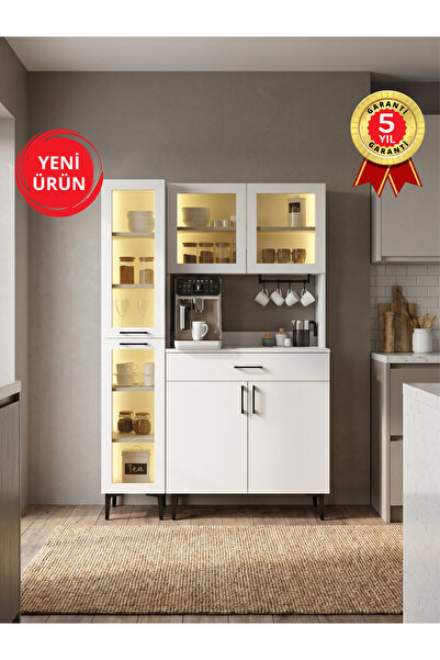 dorpek Temperli Cam Kapaklı Led Işıklı Kahve Köşesi, 6 Kapaklı ve Çekmeceli 1...