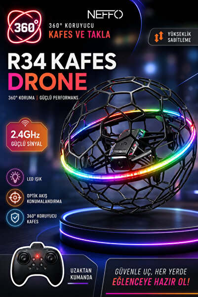 NEFFO 360° Korumalı Futbol Top Drone HD Kameralı LED Işıklı Yükseklik Sabitle...