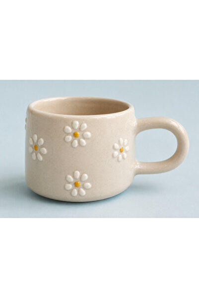 Home El Yapımı Seramik Çayır Papatya Kabartma Desenli Tekli Kupa Mug