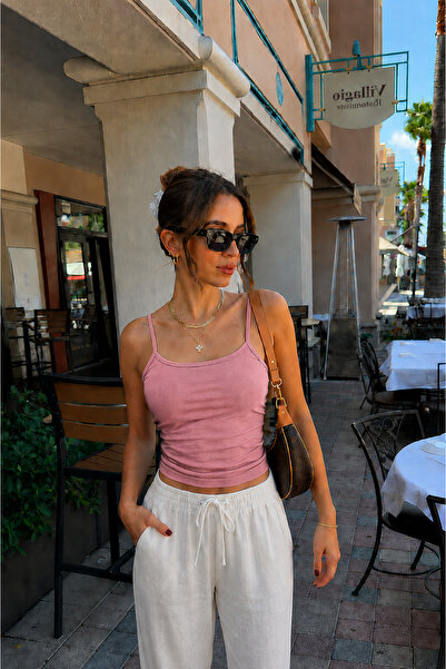 COMBİNE MİCHAİL Women's Basic Thin Strap Tight Pink Crop Blouse
