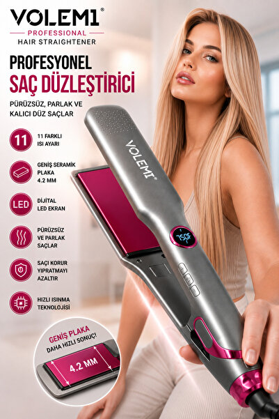 VOLEMİ V-03 Geniş Seramik Plakalı Saç Düzleştirici Hızlı Isınma Dijital LED E...