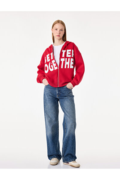 Koton Üç İplik Şardonlu Uzun Kollu Kapüşonlu Baskılı Fermuarlı Sweatshirt
