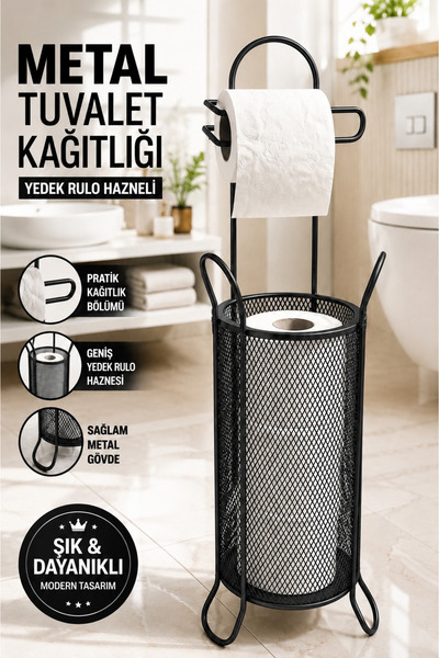 ANGDESİGN Siyah Sepetli Tuvalet Kağıtlığı Wc Kağıtlık Yedekli Metal Tuvalet K...