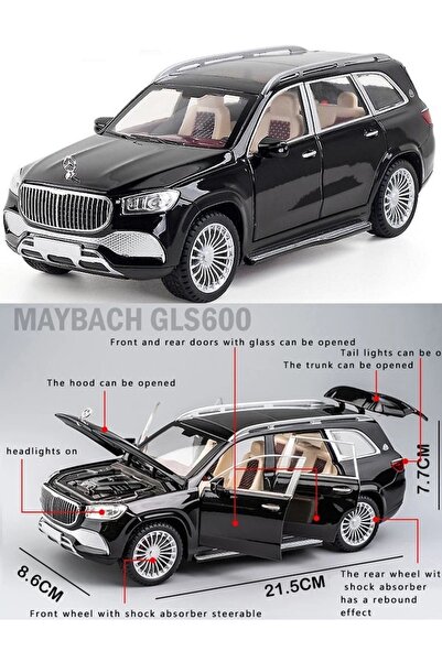 OYUNCAKSAHİLİ Mercedes Benz Tarz Gls600 Maybach 21.5 cm Jip Diecast 1.24 Collectıon Metal Araba 6 Kapı Bagaj Kaput Açılır Metalic Black