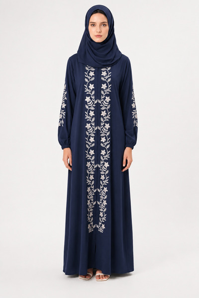 Azria Fashion Embroidered Prayer Dress & Prayer Mat (2 Pcs) - Navy Blue