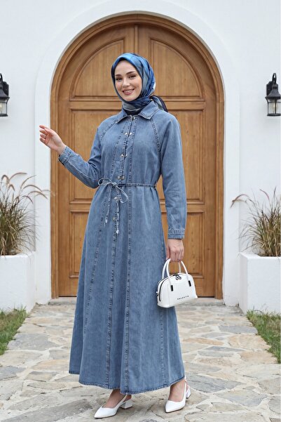 Modamorfo Shirt Collar Belted Half Buttoned Long Denim Dress - Ice Blue